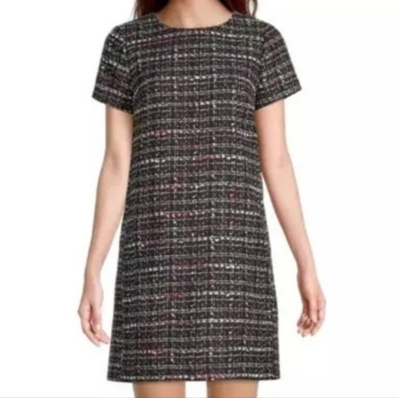 Loft Outlet Black Pink White Tweed Short Sleeve Shift Dress Size 8 - Picture 1 of 11